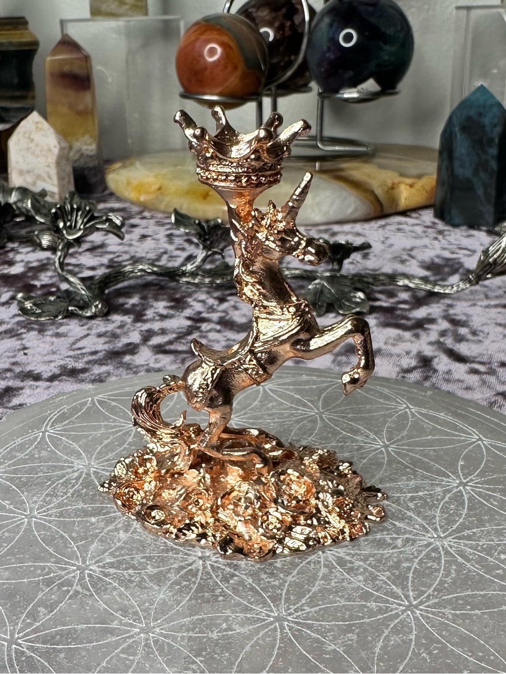 Crowned Unicorn Rose Gold Sphere Stand
